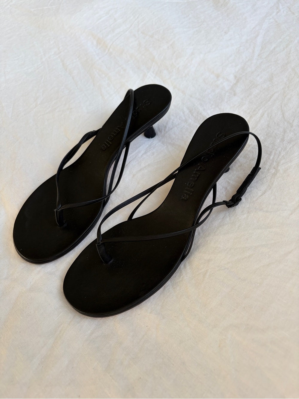 Studio Amelia Wishbone 50 Leather Skinny Strap Flip Flop Kitten Heels Black - Picture 3 of 10